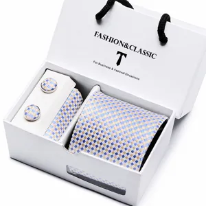 Blue and gold checkered mens tie, pocket square and cufflinks gift set in elegant white box.