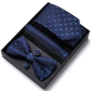 Coffret cadeau cravate nœud papillon pochette boutons de manchette jacquard bleu pour homme.