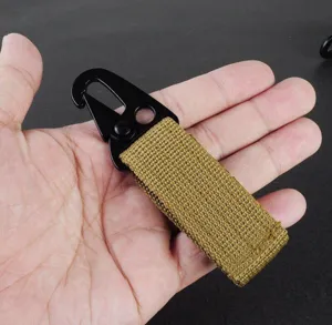 Close-up detail of tactical nylon webbing key holder with black alloy carabiner hook.