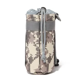 Tactical camouflage water bottle pouch with drawstring and belt strap for outdoor hiking.