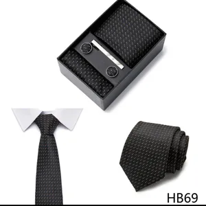 Coffret cadeau cravate homme pois avec pochette boutons de manchette et pince cravate