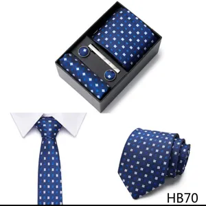 Coffret cravate homme motif géométrique bleu avec pochette boutons de manchette.