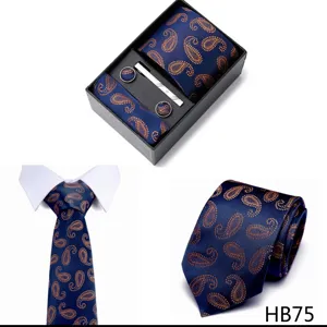 Coffret cadeau cravate homme bleu motif cachemire avec pochette et boutons de manchette