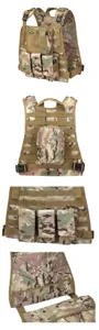 Detailed view of camouflage tactical vest with multi-functional pouches and molle system.