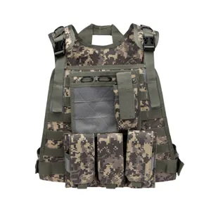 Digital camo tactical vest with multiple pouches and MOLLE system for outdoor training.