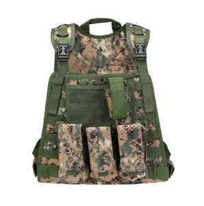 Detailed view of tactical vest MOLLE webbing, multiple magazine pouches and sturdy buckles.