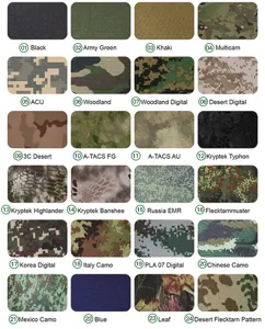 Tactical leg bag camouflage fabric color swatch chart showing multiple tactical pattern options.