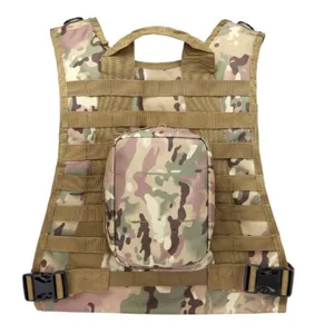Camouflage tactical vest for outdoor training, multi-pocket modular military combat equipment.