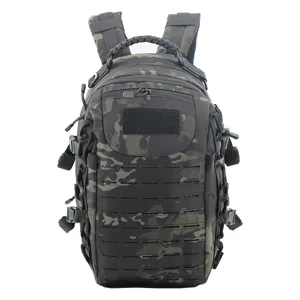 Detailed view of the tactical backpack showing durable MOLLE webbing, sturdy zippers, and patch panel.