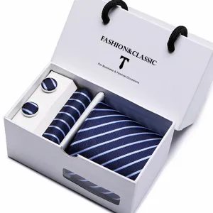 Blue striped tie pocket square cufflinks gift box set for wedding business men accessories