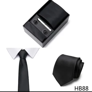 Coffret cadeau cravate noire classique pour homme avec boutons de manchette et poche