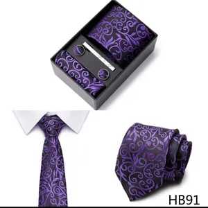 Coffret cadeau cravate pochette boutons de manchette motif floral violet pour homme