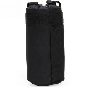 Black tactical water bottle pouch, durable nylon waist bag for outdoor hiking use.