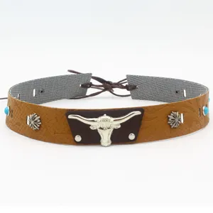 Detailed view of western cowboy hat band featuring a metal bull skull and turquoise stones.