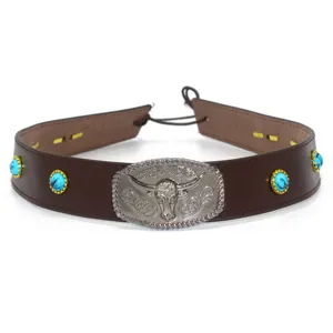 Brown leather cowboy hat band featuring a silver longhorn metal buckle and turquoise stones.