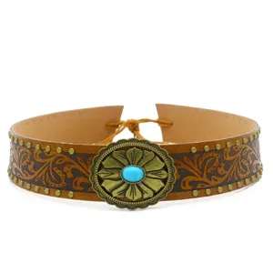 Vintage Western Cowboy Leather Hat Band Fedora Hat Strap Accessories Metal Rivet Bull Head Turquoise Boho Hat Decoration