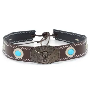 Western cowboy hat band with bull head metal buckle, turquoise stones, and faux leather.