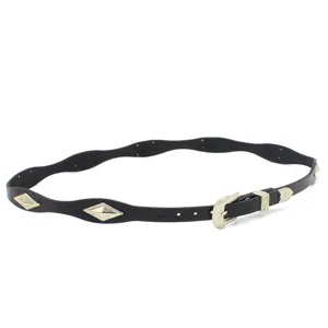 Detailed close-up view of black wavy skinny belt with vintage silver metal diamond studs.
