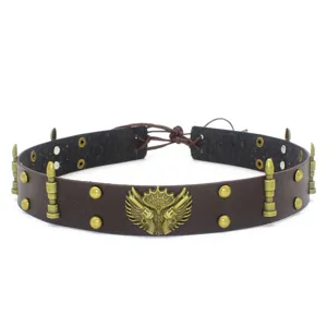 Vintage leather hat band detail, punk style bronze winged emblem and bullet metal studs.