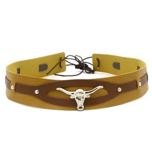 Vintage wide leather hat band with silver bull skull ornament, adjustable lace-up back design.