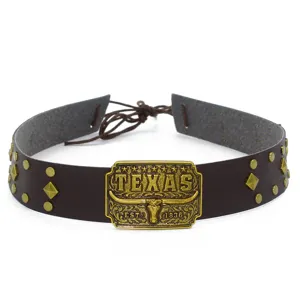 Western cowboy style brown leather hat band with vintage metal bull head buckle and studs detail