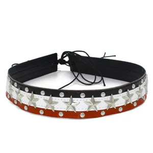 Leather hat band with metal star studs and rivets, punk rock style adjustable belt accessory.