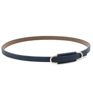 Dark blue thin leather belt hat accessory with metal oval buckle, stylish and sleek design.