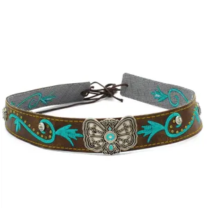 Detailed view of western cowboy hat band, brown leather with turquoise embroidery and buckle.