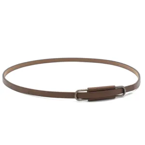 Thin brown leather belt hat band with minimalist metal buckle detail, product close-up shot