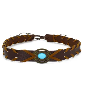 Closeup detail of brown leather braided hat band with turquoise stone vintage metal buckle.