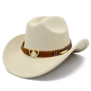 Dames Western Cowboy Hoed Effen Kleur Brede Rand Vilt Hoed Met Strass Hart Gesp Mode Paardrijden Buiten Pet