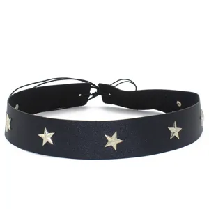 Black leather star choker necklace with metal studs and adjustable cord tie for women.