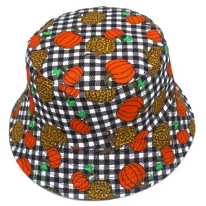 Halloween pumpkin black and white gingham bucket hat for outdoor casual sun protection.