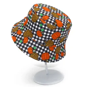 Halloween pumpkin black and white plaid bucket hat detail view showing the cute holiday print.