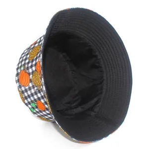 Detailed close-up view of the Halloween black and white plaid pumpkin bucket hat inner lining.