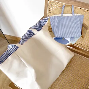 Korean style striped embroidered reversible canvas tote bag large capacity commuter bag