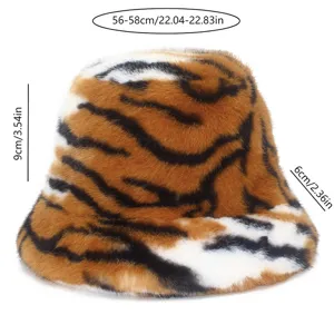 Fluffy tiger print bucket hat, warm plush winter fisherman hat for women and men, 56-58cm.