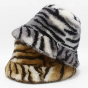 Plush tiger stripe bucket hat detail, soft autumn winter thick furry hat fashion streetwear style.