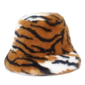 Tiger Print Plush Fisherman Hat Winter Faux Fur Bucket Hat Thick Warm Animal Stripe Basin Hat For Women Men Outdoor