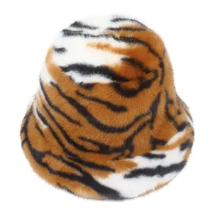 Fluffy tiger stripe bucket hat for women winter warm plush fisherman cap stylish soft hat