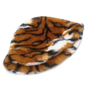 Plush tiger print bucket hat for women winter warm fuzzy fisherman hat soft faux fur cap