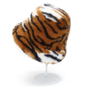 Furry tiger print bucket hat detail, plush winter warm fisherman cap stylish soft.