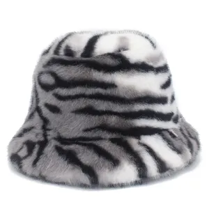 Cozy winter tiger stripe bucket hat, soft fluffy plush faux fur cap for women, warm fashion.