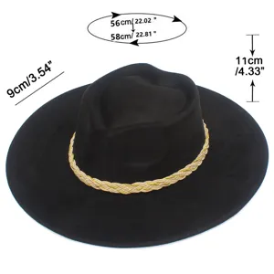Detailansicht des schwarzen Fedora-Hutes mit Band, 9cm Krempe, 56-58cm Kopfumfang.