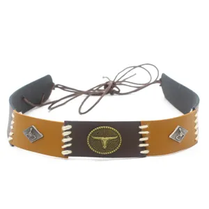 Leather hat band with metal bull head emblem and rustic stitching details for western cowboy hats.