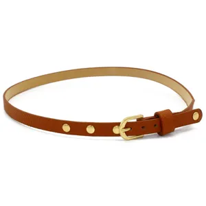 Brown thin leather hat band belt with gold studs and metal buckle for accessories.