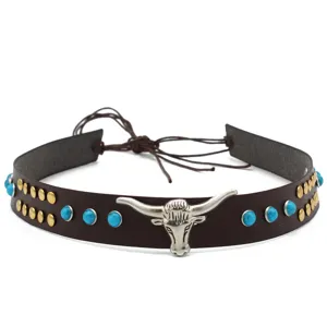 Western cowboy hat band with bull head metal buckle and turquoise stone studs accessory.
