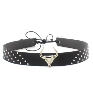 Black leather hat band with silver metal studs and detailed bull head charm for western cowboy hats.