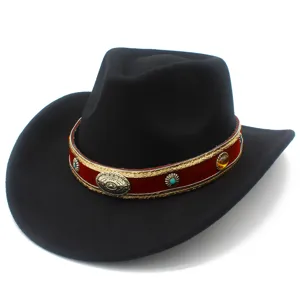 Detail view of the retro ethnic woolen western cowboy hat with decorative red gold hatband.