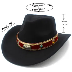 Detail view of the black woolen western cowboy hat with ethnic decorative band and metal.